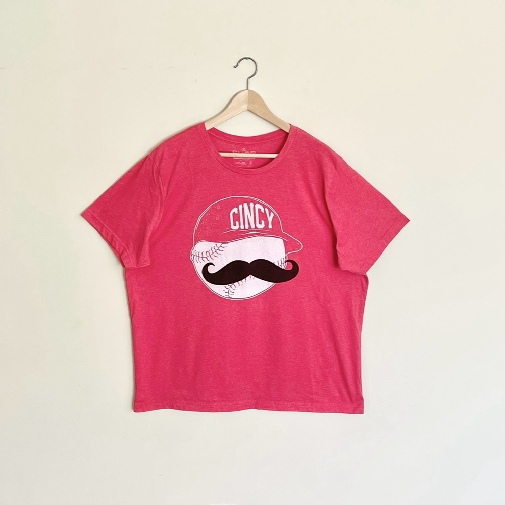 NEW Cincy Helmet Mustache Baseball Reds Graphic Red T Shirt Adult size XXL